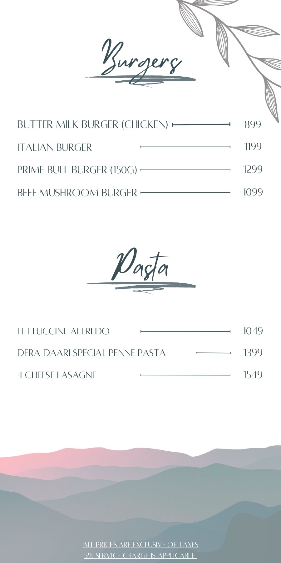 Dera Daari Restaurant, Cafe & Events Menu