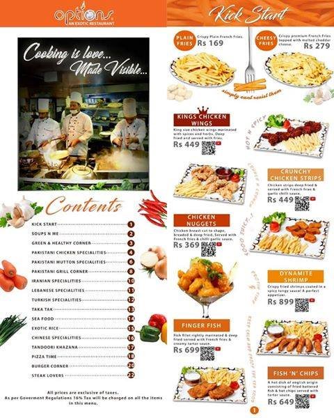 Options An Exotic Restaurant menu page 1