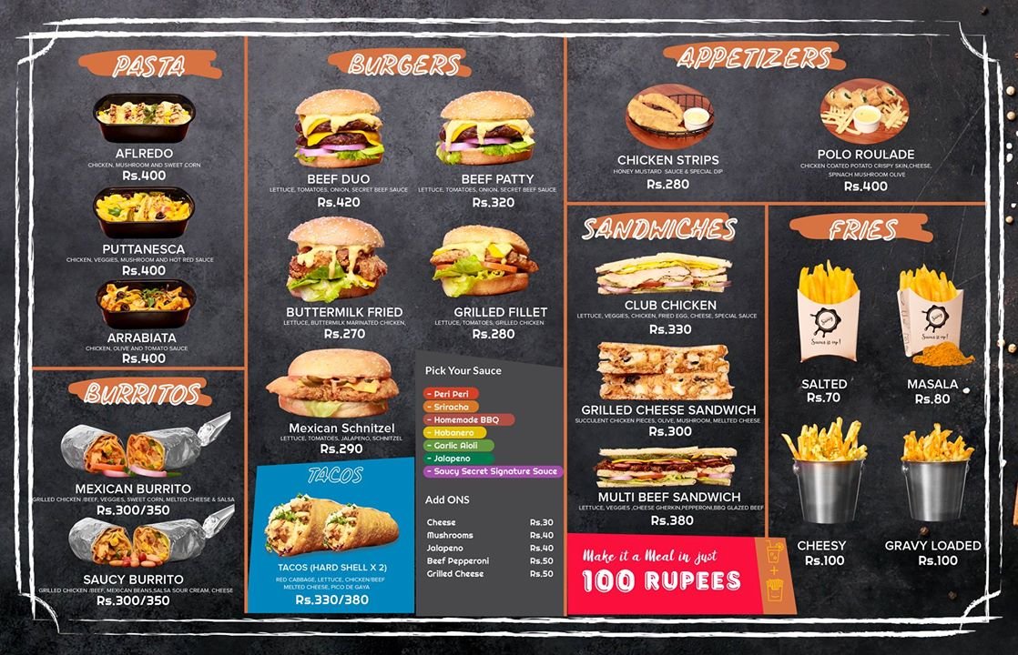 Seriously Saucy menu page 1