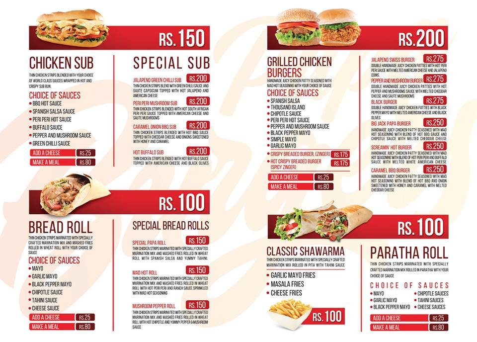 Papa Burgers menu page 1