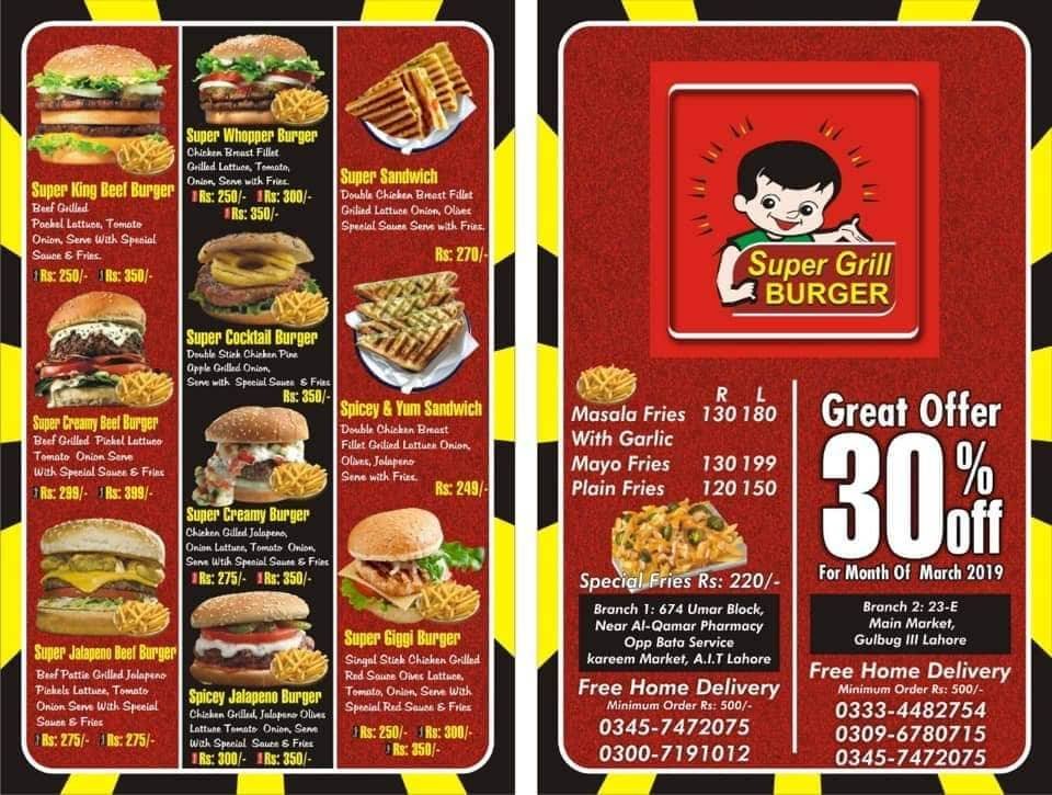 Super Grill Burger menu page 1