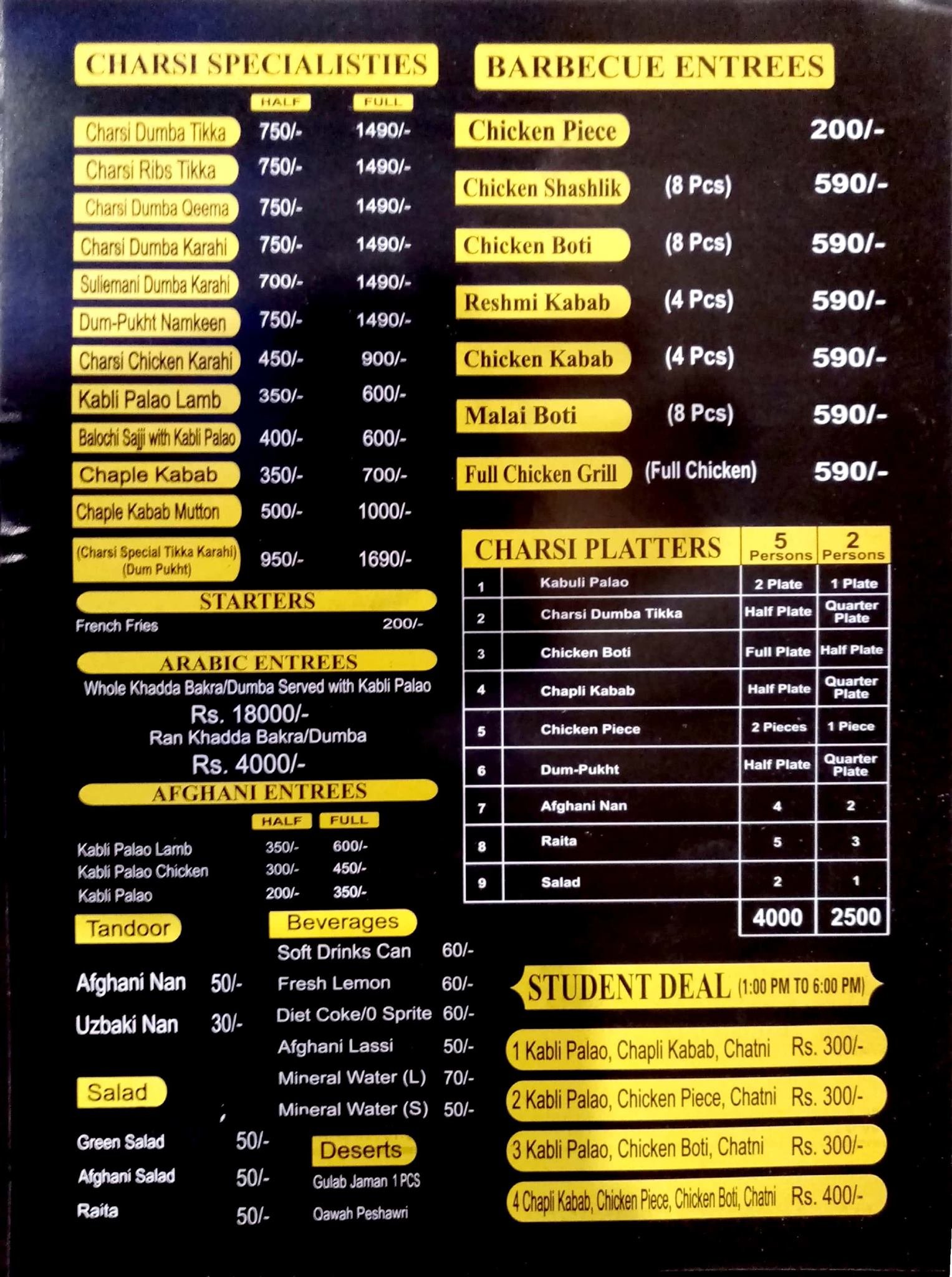 Peshawar Charsi Tikka menu page 1